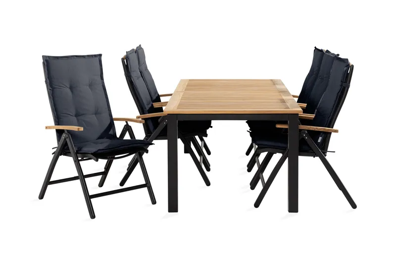 Las Vegas Havesæt 152-210 + 6 Positionsstole Lyx m Hynde - Sort/Teak/Grå - Havemøbler - Udendørsgruppe - Havesæt