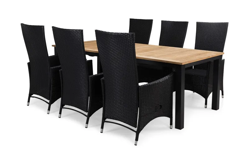 Las Vegas Havesæt 220-280 + 6 Jenny Justerbar Lænestole - Inkl Hynde Sort/Teak/Sort - Havemøbler - Udendørsgruppe - Havesæt
