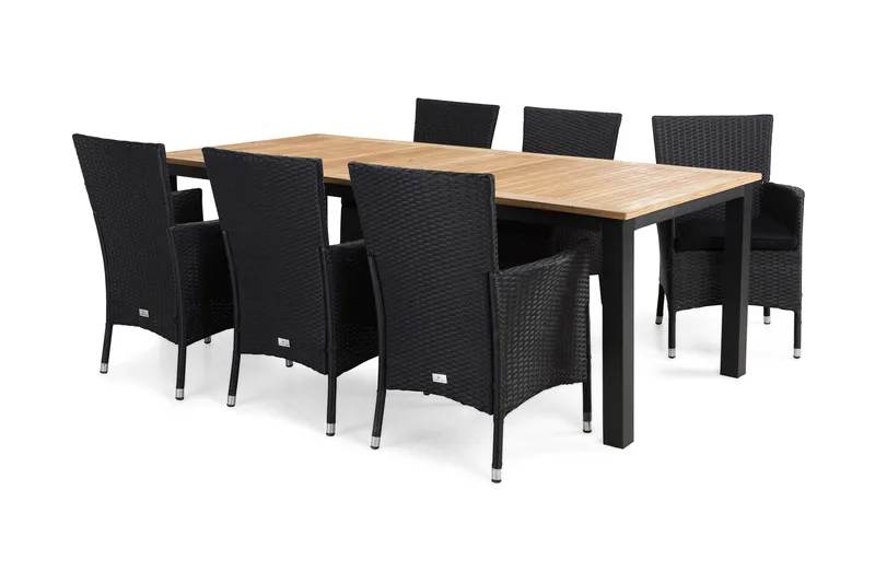 Las Vegas Havesæt 220-280 + 6 Thor Lyx Lænestole m Hynde, Sort/Teak/Sort/Sort