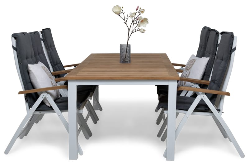 Las Vegas Havesæt 220-280 + 6 Positionsstole Lyx m Hynde - Hvid/Teak/Hvid/Teak/Grå - Havemøbler - Udendørsgruppe - Havesæt
