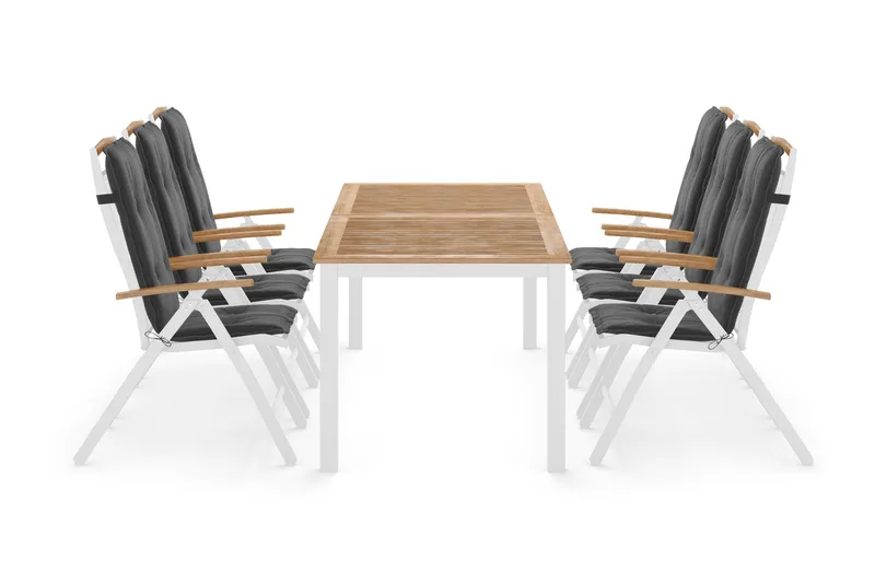 Las Vegas Havesæt 220-280 + 6 Positionsstole Lyx m Hynde, Hvid/Teak/Hvid/Teak/Grå