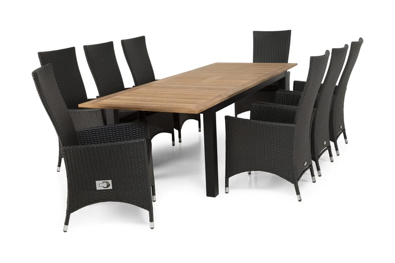 Las Vegas Havesæt 220-280 + 8 Jenny Justerbar Lænestole - Teak/Sort - Havemøbler - Udendørsgruppe - Havesæt