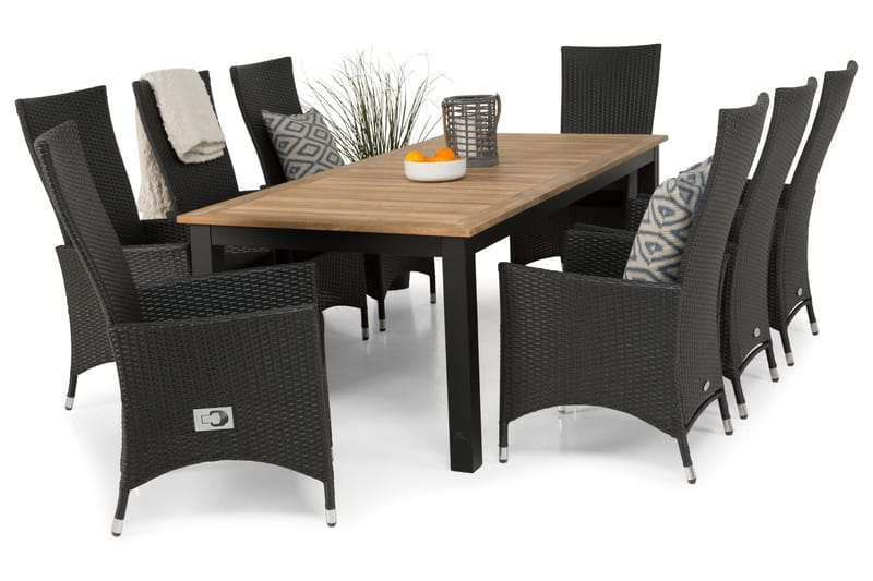 Las Vegas Havesæt 220-280 + 8 Jenny Justerbar Lænestole - Teak/Sort - Havemøbler - Udendørsgruppe - Havesæt
