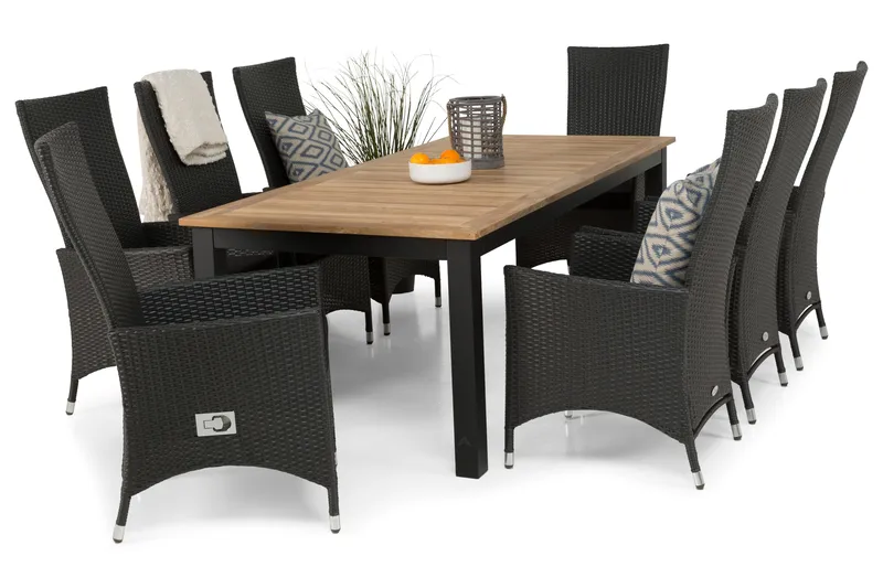 Las Vegas Havesæt 220-280 + 8 Jenny Justerbar Lænestole - Teak/Sort - Havemøbler - Udendørsgruppe - Havesæt