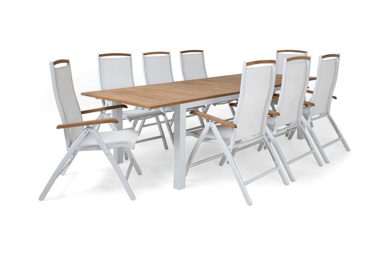 Las Vegas Havesæt 220-280 + 8 Positionsstole Lyx - Hvid/Teak/Hvid/Teak - Havemøbler - Udendørsgruppe - Havesæt