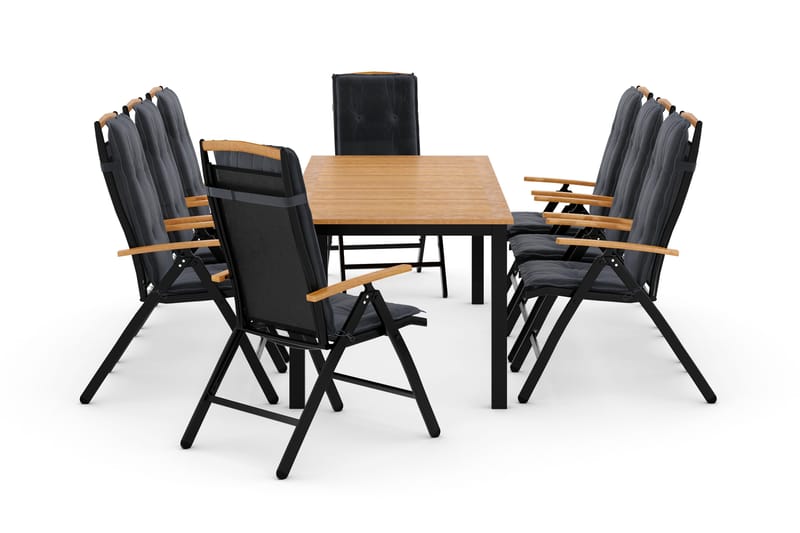 Las Vegas Havesæt 220-280 + 8 Positionsstole Lyx m Hynde - Sort/Teak/Grå - Havemøbler - Udendørsgruppe - Havesæt