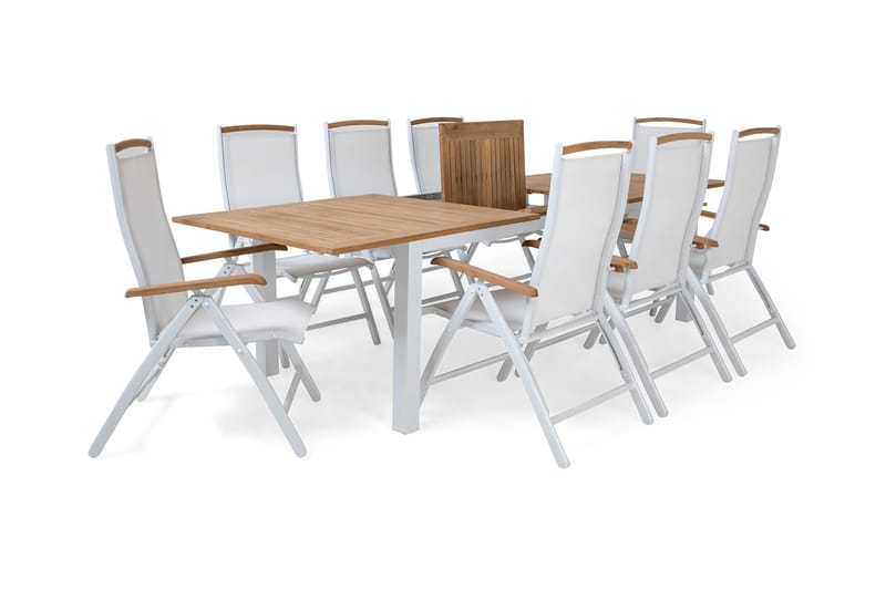 Las Vegas Havesæt 220-280 + 8 Positionsstole Lyx - Hvid/Teak/Hvid/Teak - Havemøbler - Udendørsgruppe - Havesæt