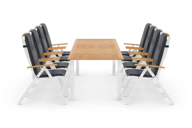 Las Vegas Havesæt 220-280 + 8 Positionsstole Lyx m Hynde, Hvid/Teak/Hvid/Teak/Grå