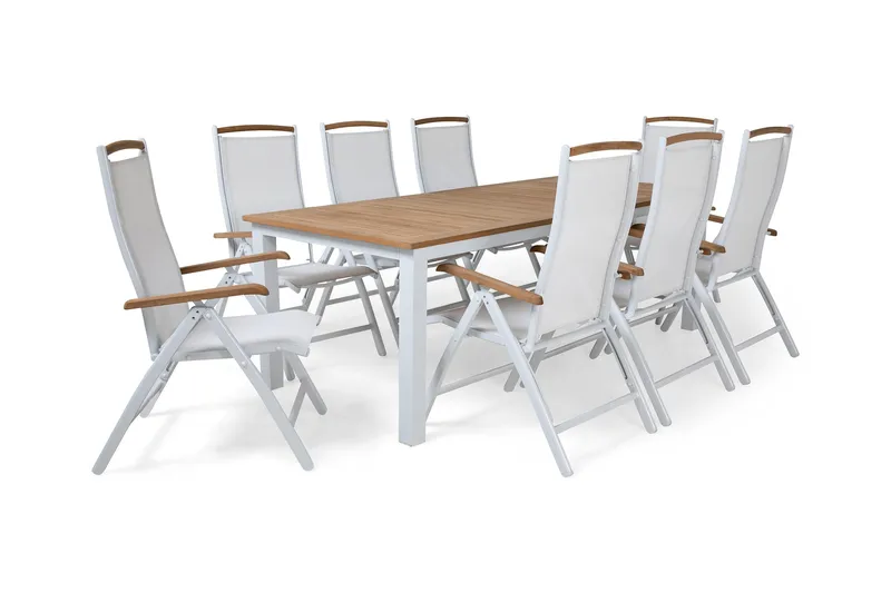 Las Vegas Havesæt 220-280 + 8 Positionsstole Lyx - Hvid/Teak/Hvid/Teak - Havemøbler - Udendørsgruppe - Havesæt