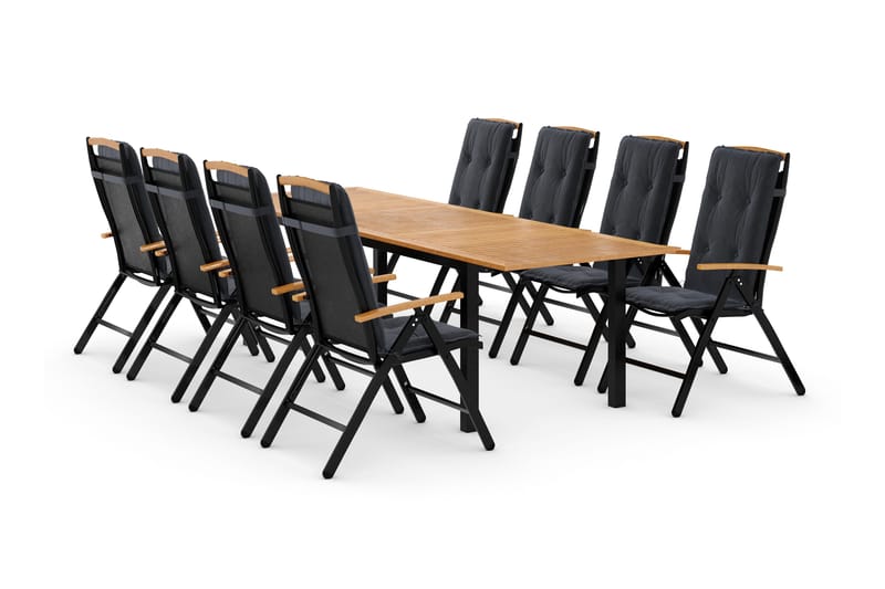 Las Vegas Havesæt 220-280 + 8 Positionsstole Lyx m Hynde - Sort/Teak/Grå - Havemøbler - Udendørsgruppe - Havesæt