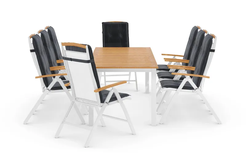 Las Vegas Havesæt 220-280 + 8 Positionsstole Lyx m Hynde - Hvid/Teak/Hvid/Teak/Grå - Havemøbler - Udendørsgruppe - Havesæt