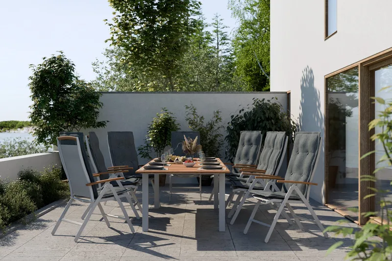 Las Vegas Havesæt 220-280 + 8 Positionsstole Lyx m Hynde - Hvid/Teak/Hvid/Teak/Grå - Havemøbler - Udendørsgruppe - Havesæt