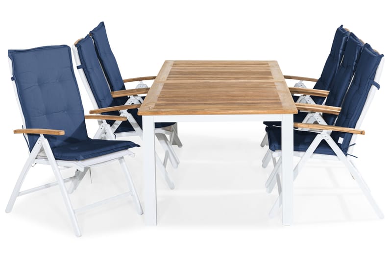 Las Vegas Havesæt 220-280x100+ 6 Las Vegas Lyx Stol m. Hynde - Hvid/Teak/Blå - Havemøbler - Udendørsgruppe - Havesæt