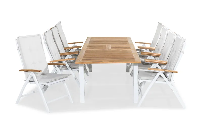 Las Vegas Havesæt 220-280x100+ 8 Las Vegas Lyx Stol m Hynde, Hvid/Teak