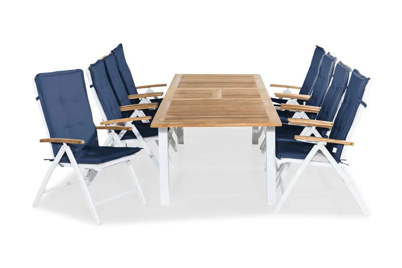 Las Vegas Havesæt 220-280x100+ 8 Las Vegas Lyx Stol m. Hynde, Hvid/Teak/Blå
