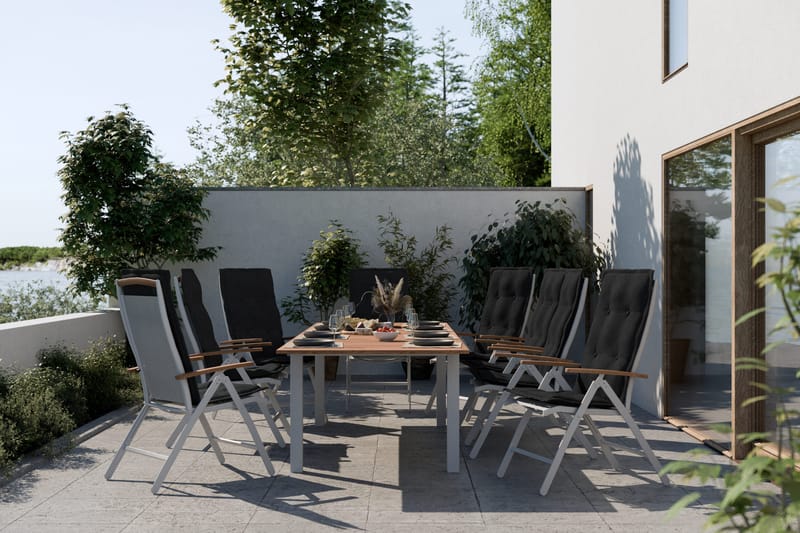 Las Vegas Havesæt 220-280x100+ 8 Las Vegas Lyx Stol m. Hynde - Hvid/Teak/Sort - Havemøbler - Udendørsgruppe - Havesæt