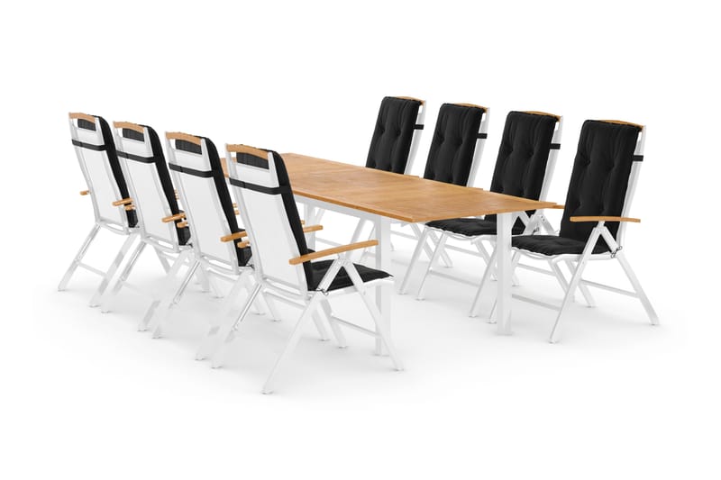 Las Vegas Havesæt 220-280x100+ 8 Las Vegas Lyx Stol m. Hynde - Hvid/Teak/Sort - Havemøbler - Udendørsgruppe - Havesæt