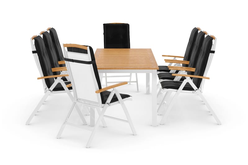 Las Vegas Havesæt 220-280x100+ 8 Las Vegas Lyx Stol m. Hynde - Hvid/Teak/Sort - Havemøbler - Udendørsgruppe - Havesæt