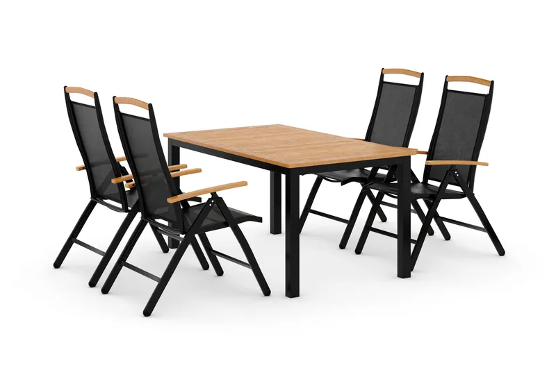 Las Vegas Spisebordsæt 152-210 + 4 Positionsstol Lyx - Sort/Teak - Havemøbler - Udendørsgruppe - Havesæt