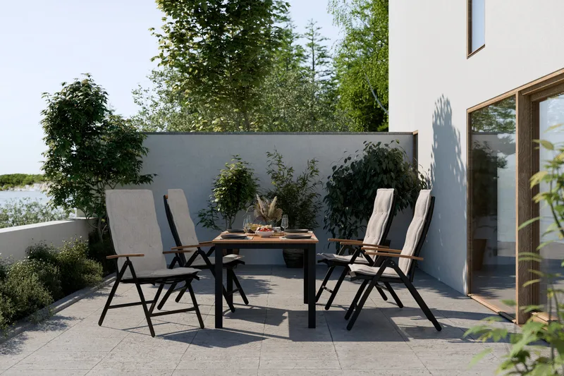 Las Vegas Spisebordsæt 152-210 + 4 Positionsstol Lyx - Sort/Teak - Havemøbler - Udendørsgruppe - Havesæt