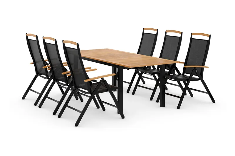 Las Vegas Spisebordsæt 152-210 + 6 Positionsstol Lyx - Sort Teak - Havemøbler - Udendørsgruppe - Havesæt