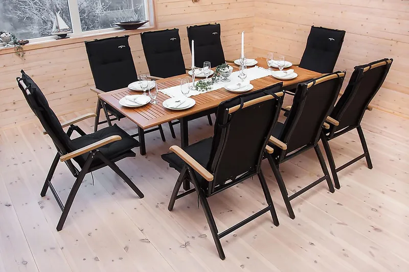 Las Vegas Spisebordsæt 152-210 + 6 Positionsstol Lyx - Sort Teak - Havemøbler - Udendørsgruppe - Havesæt