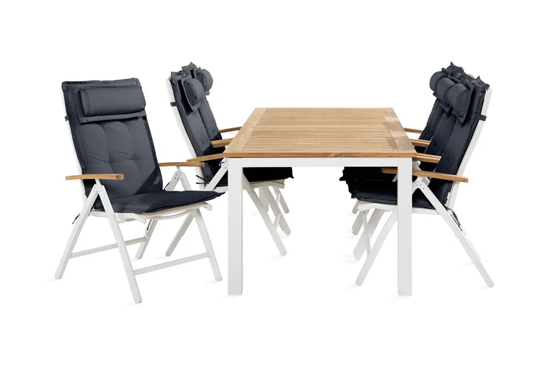 Las Vegas Spisebordssæt 100x220-280 + 6 stole med hynder, Hvid / teak / grå