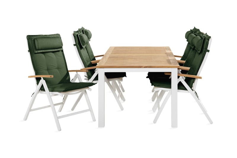 Las Vegas Spisebordssæt 100x220-280 + 6 stole med hynder - Hvid / teak / grøn - Havesæt