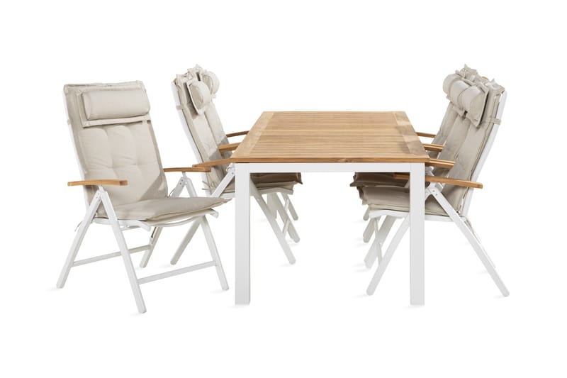 Las Vegas Spisebordssæt 100x220-280 + 6 stole med hynder - Hvid / teak / off white - Havesæt