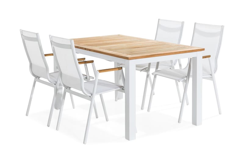 Las Vegas Spisebordssæt 152-210x90 + 4 Armstole - Hvid/Teak - Havemøbler - Udendørsgruppe - Havesæt