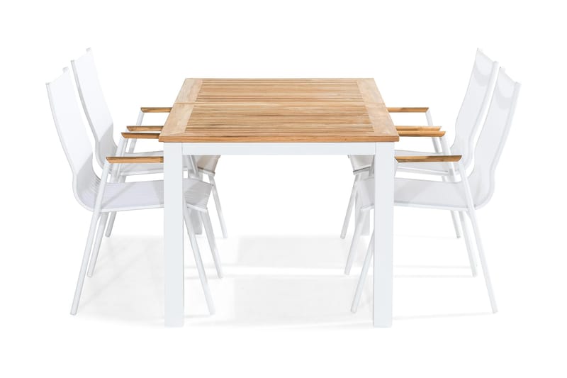 Las Vegas Spisebordssæt 152-210x90 + 4 Armstole, Hvid/Teak