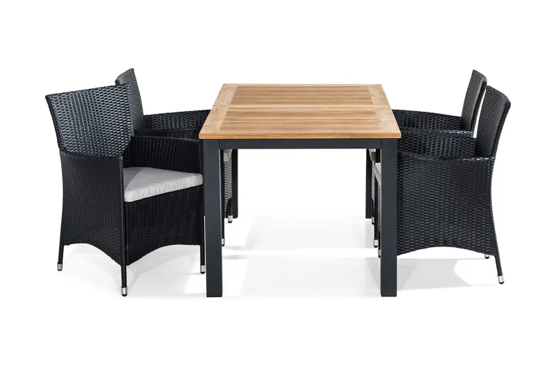 Las Vegas Spisebordssæt 152-210x90 + 4 Thor lænestol m hynde - Teak / sort / grå - Havemøbler - Udendørsgruppe - Havesæt