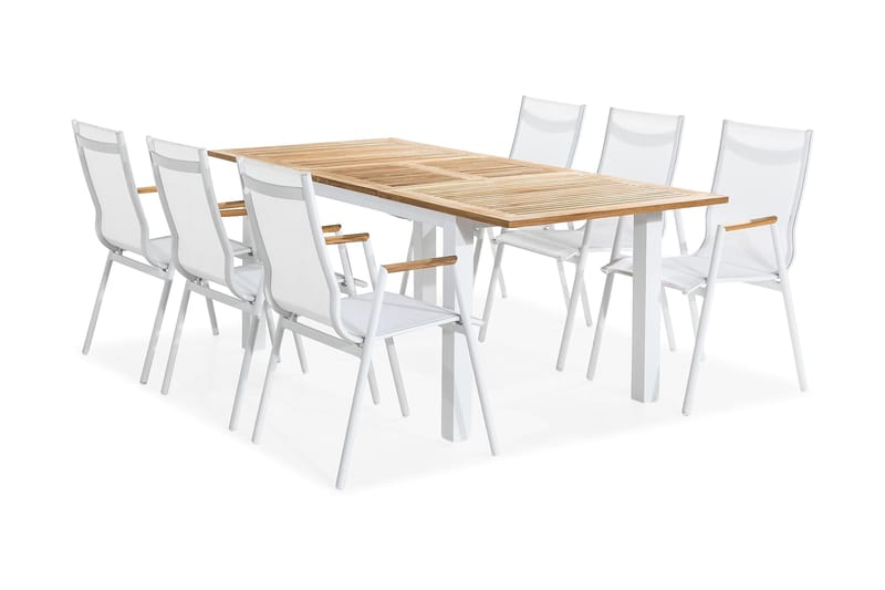 Las Vegas Spisebordssæt 152-210x90 + 6 Armstole - Hvid/Teak - Havemøbler - Udendørsgruppe - Havesæt