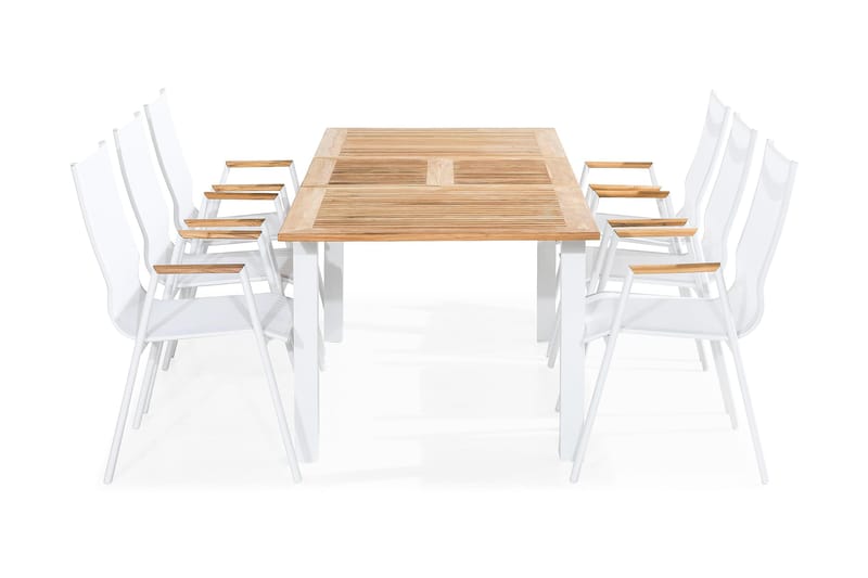 Las Vegas Spisebordssæt 152-210x90 + 6 Armstole, Hvid/Teak