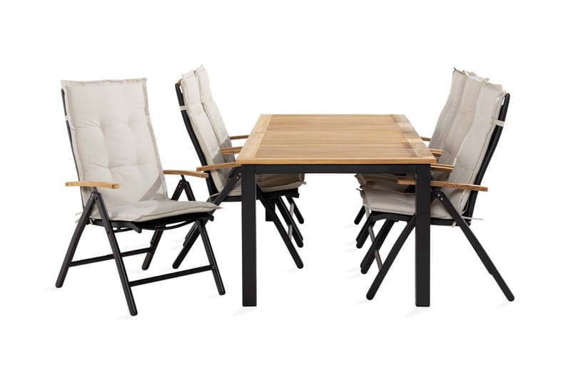 Las Vegas Spisebordssæt 152-210x90 + 6 Stole m. Hynde, Sort/Teak/Hvid