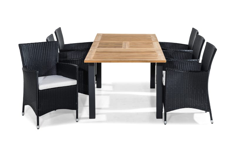 Las Vegas Spisebordssæt 152-210x90 + 6 Thor lænestol m hynde, Teak / sort / grå