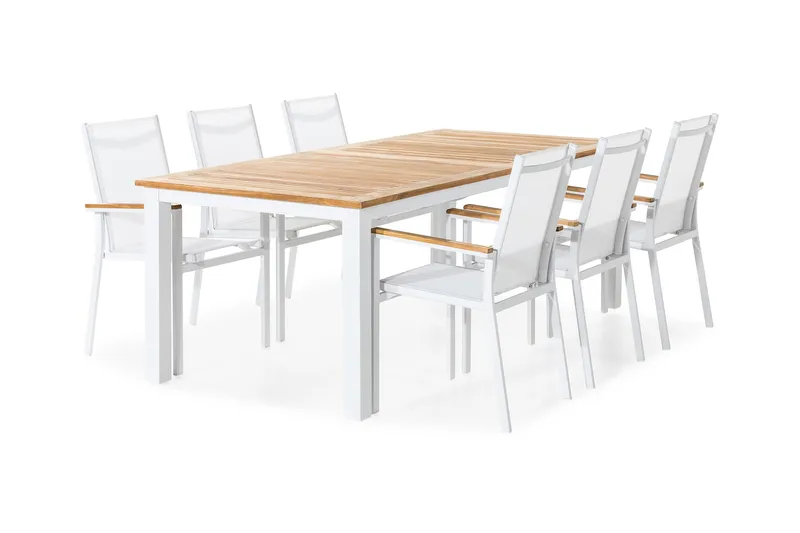 Las Vegas Spisebordssæt 220-280x100 + 6 Stabelstole - Hvid/Teak - Havemøbler - Udendørsgruppe - Havesæt