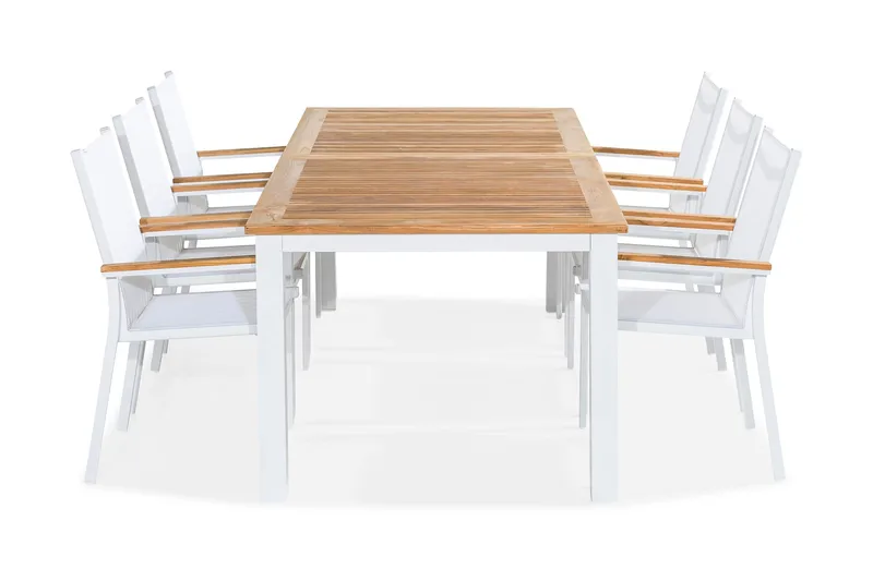 Las Vegas Spisebordssæt 220-280x100 + 6 Stabelstole, Hvid/Teak