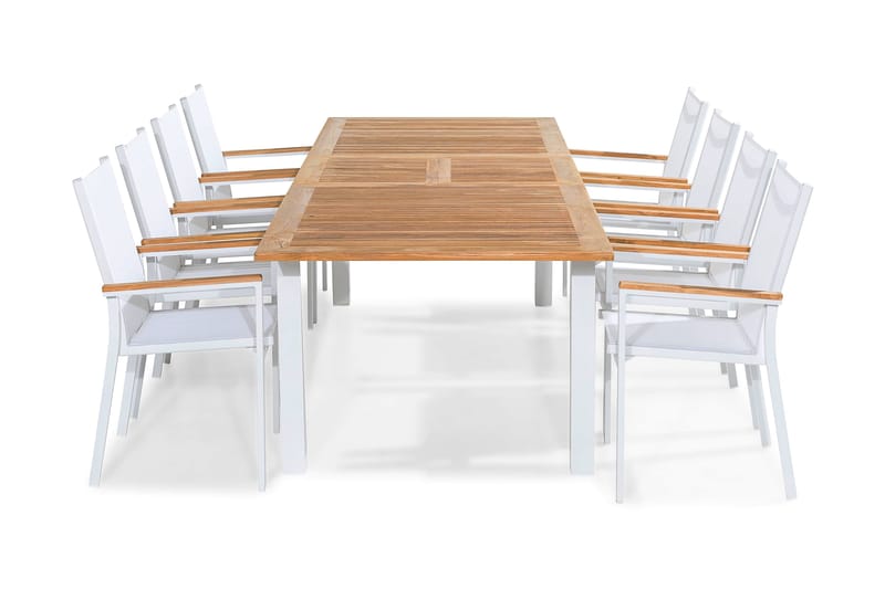 Las Vegas Spisebordssæt 220-280x100 + 8 Stabelstole, Hvid/Teak