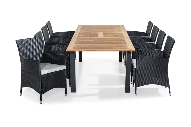 Las Vegas Spisebordssæt 220-280x100 + 8 Thor Lænestol m hynd, Teak / sort / grå