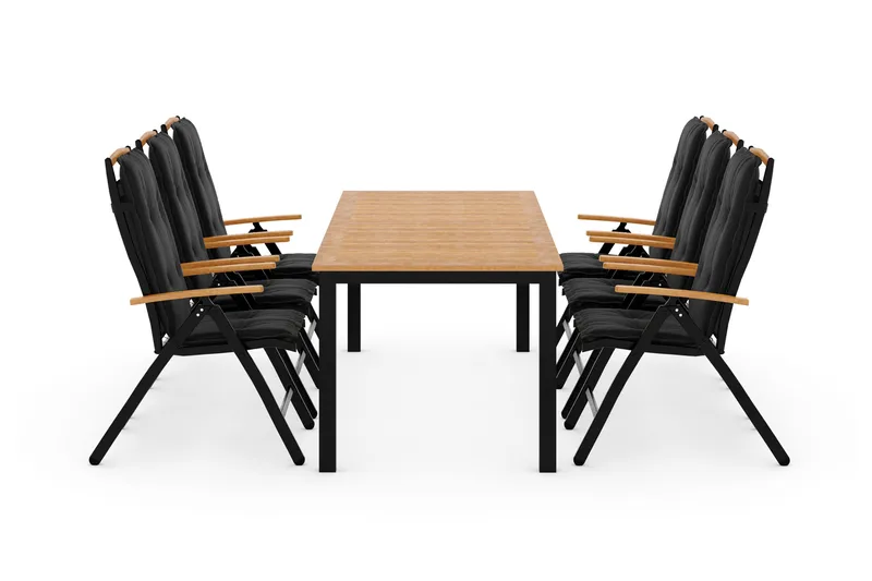 Las Vegas Spisebordssæt 220-280x100+ 6 Stole m. Hynde, Sort/Teak