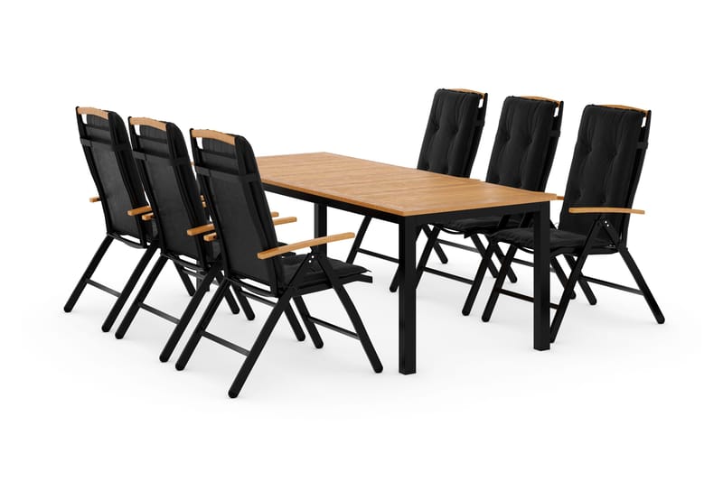 Las Vegas Spisebordssæt 220-280x100+ 6 Stole m. Hynde - Sort/Teak - Havemøbler - Udendørsgruppe - Havesæt