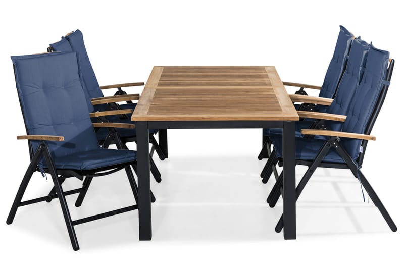Las Vegas Spisebordssæt 220-280x100+ 6 Stole m. Hynde - Sort/Teak/Blå - Havemøbler - Udendørsgruppe - Havesæt