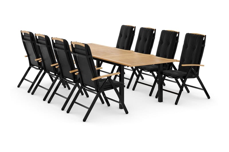 Las Vegas Spisebordssæt 220-280x100+ 8 Stole m. Hynde - Sort/Teak - Havemøbler - Udendørsgruppe - Havesæt