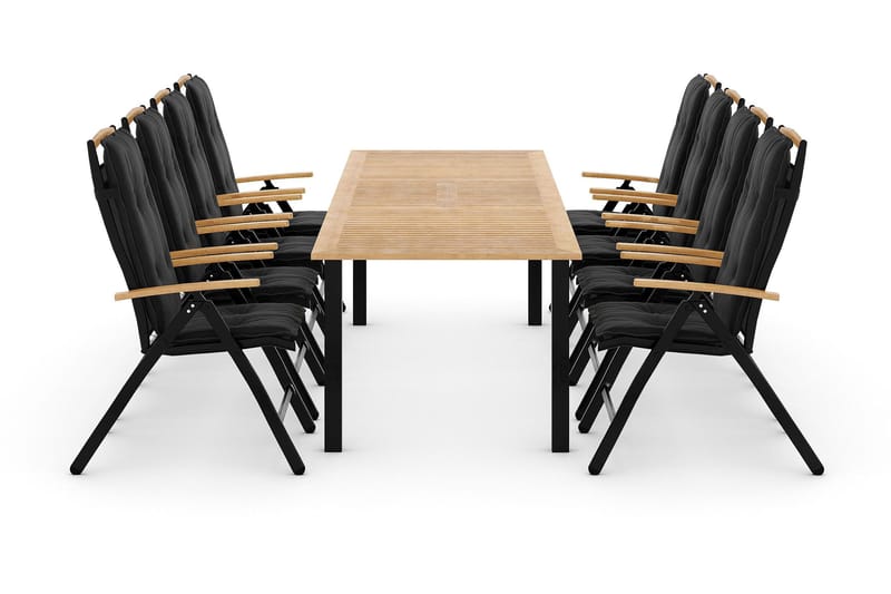 Las Vegas Spisebordssæt 220-280x100+ 8 Stole m. Hynde, Sort/Teak