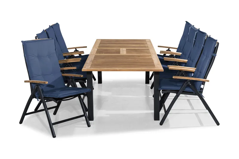 Las Vegas Spisebordssæt 220-280x100+ 8 Stole m. Hynde, Sort/Teak/Blå