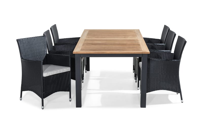 Las Vegas Spisebordssæt 224-324x100 + 6 Thor Lænestol m hynd, Teak / sort / grå