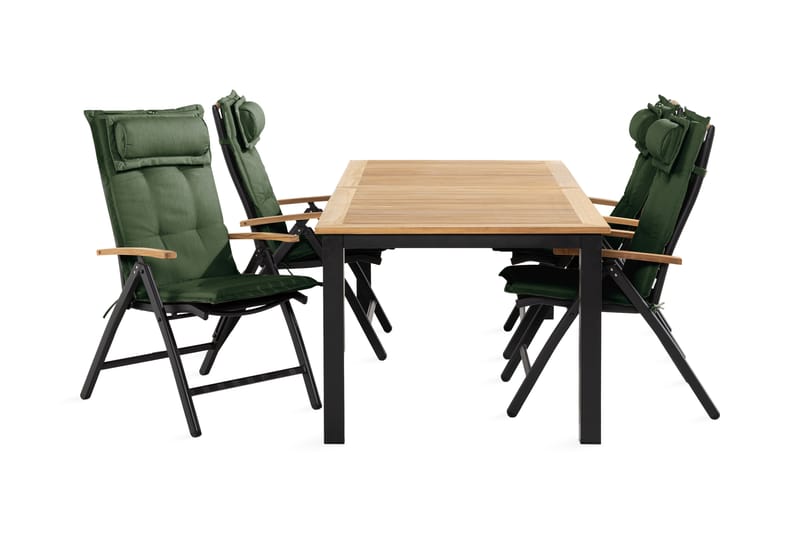 Las Vegas Spisebordssæt 90x152-210 + 4 stole med hynder - Sort / teak / grøn - Havesæt