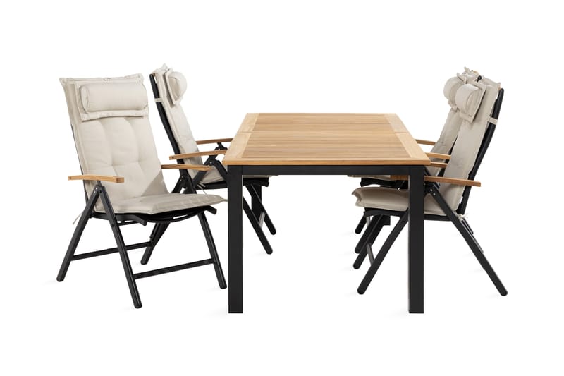 Las Vegas Spisebordssæt 90x152-210 + 4 stole med hynder, Sort / teak / offwhite