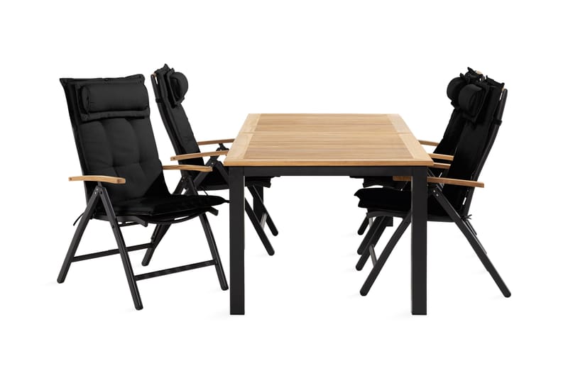 Las Vegas Spisebordssæt 90x152-210 + 4 stole med hynder - Sort / teak - Havemøbler - Udendørsgruppe - Havesæt